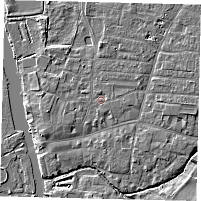 Shaded relief map of the ground around PE191AW, computed from Environment Agency LiDAR. The ground here sits at about 16 m above sea level and falls 4 m across the surrounding 800 m. Surface water reaching this point runs off ground lying to the north, 0.9 m higher.