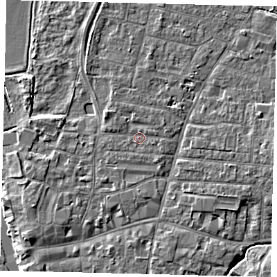 Shaded relief map of the ground around PE191AX, computed from Environment Agency LiDAR. The ground here sits at about 16 m above sea level and falls 4 m across the surrounding 800 m. Surface water reaching this point runs off ground lying to the east-north-east, 0.8 m higher.