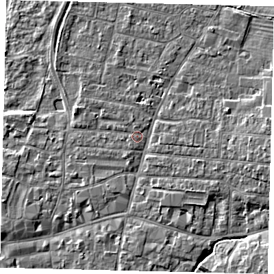 Shaded relief map of the ground around PE191AY, computed from Environment Agency LiDAR. The ground here sits at about 16 m above sea level and falls 5 m across the surrounding 800 m. Surface water reaching this point runs off ground lying to the east, 3.4 m higher.