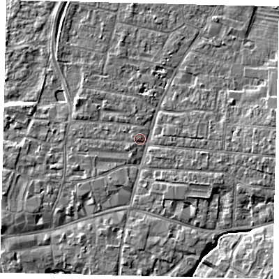 Shaded relief map of the ground around PE191AZ, computed from Environment Agency LiDAR. The ground here sits at about 16 m above sea level and falls 5 m across the surrounding 800 m. Surface water reaching this point runs off ground lying to the east, 3.4 m higher.