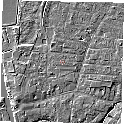 Shaded relief map of the ground around PE191BA, computed from Environment Agency LiDAR. The ground here sits at about 16 m above sea level and falls 4 m across the surrounding 800 m. Surface water reaching this point runs off ground lying to the east-south-east, 1.0 m higher.
