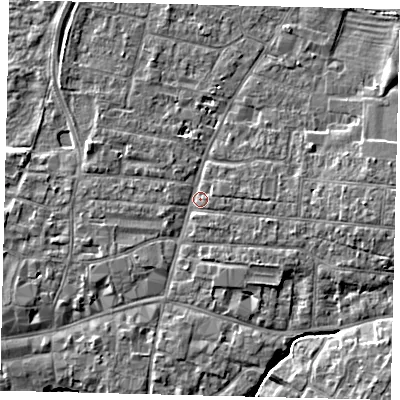 Shaded relief map of the ground around PE191BB, computed from Environment Agency LiDAR. The ground here sits at about 16 m above sea level and falls 5 m across the surrounding 800 m. Surface water reaching this point runs off ground lying to the east, 3.5 m higher.