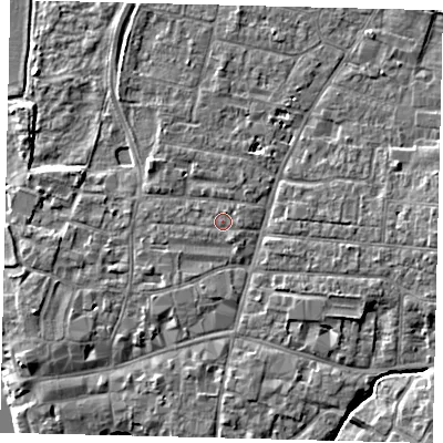 Shaded relief map of the ground around PE191BE, computed from Environment Agency LiDAR. The ground here sits at about 16 m above sea level and falls 5 m across the surrounding 800 m. Surface water reaching this point runs off ground lying to the north-north-east, 0.6 m higher.