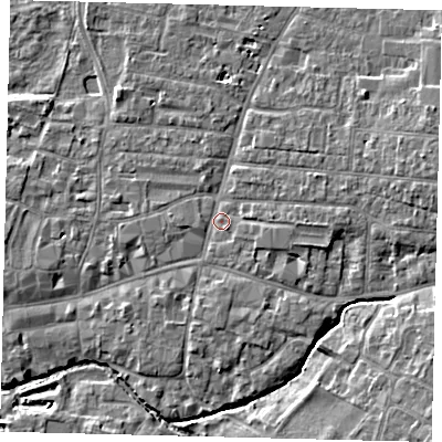 Shaded relief map of the ground around PE191BG, computed from Environment Agency LiDAR. The ground here sits at about 16 m above sea level and falls 5 m across the surrounding 800 m. Surface water reaching this point runs off ground lying to the south-south-east, 1.6 m higher.