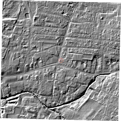 Shaded relief map of the ground around PE191BH, computed from Environment Agency LiDAR. The ground here sits at about 16 m above sea level and falls 5 m across the surrounding 800 m. Surface water reaching this point runs off ground lying to the south-east, 1.6 m higher.