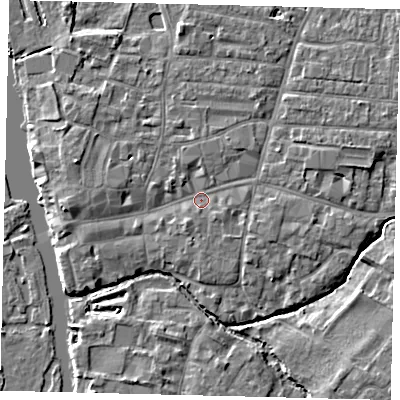 Shaded relief map of the ground around PE191BJ, computed from Environment Agency LiDAR. The ground here sits at about 16 m above sea level and falls 5 m across the surrounding 800 m. Surface water reaching this point runs off ground lying to the south-south-west, 1.4 m higher.