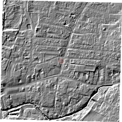 Shaded relief map of the ground around PE191BL, computed from Environment Agency LiDAR. The ground here sits at about 16 m above sea level and falls 5 m across the surrounding 800 m. Surface water reaching this point runs off ground lying to the east, 1.8 m higher.