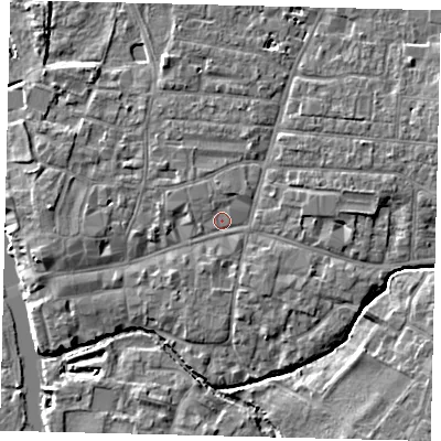 Shaded relief map of the ground around PE191BN, computed from Environment Agency LiDAR. The ground here sits at about 16 m above sea level and falls 5 m across the surrounding 800 m. Surface water reaching this point runs off ground lying to the west-north-west, 0.8 m higher.