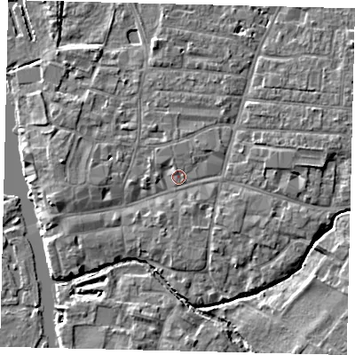 Shaded relief map of the ground around PE191BP, computed from Environment Agency LiDAR. The ground here sits at about 16 m above sea level and falls 5 m across the surrounding 800 m. Surface water reaching this point runs off ground lying to the south-south-west, 1.3 m higher.