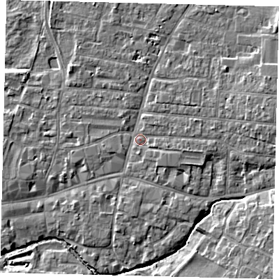 Shaded relief map of the ground around PE191BQ, computed from Environment Agency LiDAR. The ground here sits at about 16 m above sea level and falls 5 m across the surrounding 800 m. Surface water reaching this point runs off ground lying to the east, 1.8 m higher.