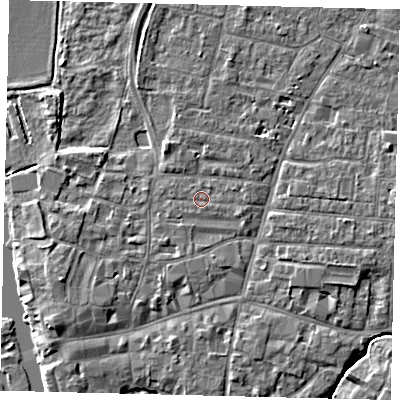 Shaded relief map of the ground around PE191BS, computed from Environment Agency LiDAR. The ground here sits at about 16 m above sea level and falls 4 m across the surrounding 800 m. Surface water reaching this point runs off ground lying to the east-south-east, 0.5 m higher.