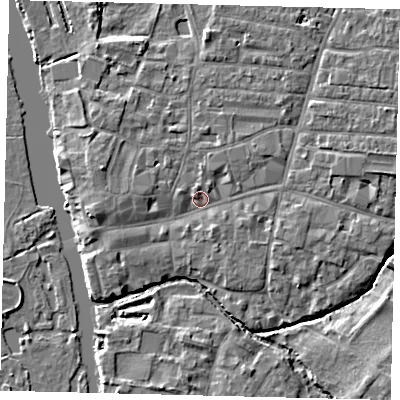 Shaded relief map of the ground around PE191BU, computed from Environment Agency LiDAR. The ground here sits at about 15 m above sea level and falls 5 m across the surrounding 800 m. Surface water reaching this point runs off ground lying to the west, 2.6 m higher.