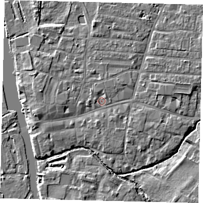 Shaded relief map of the ground around PE191BW, computed from Environment Agency LiDAR. The ground here sits at about 15 m above sea level and falls 5 m across the surrounding 800 m. Surface water reaching this point runs off ground lying to the south-south-west, 1.4 m higher.