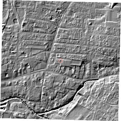 Shaded relief map of the ground around PE191BY, computed from Environment Agency LiDAR. The ground here sits at about 16 m above sea level and falls 6 m across the surrounding 800 m. Surface water reaching this point runs off ground lying to the east-south-east, 1.2 m higher.