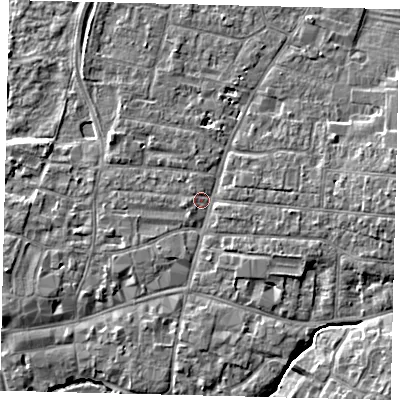 Shaded relief map of the ground around PE191BZ, computed from Environment Agency LiDAR. The ground here sits at about 16 m above sea level and falls 5 m across the surrounding 800 m. Surface water reaching this point runs off ground lying to the east, 3.3 m higher.