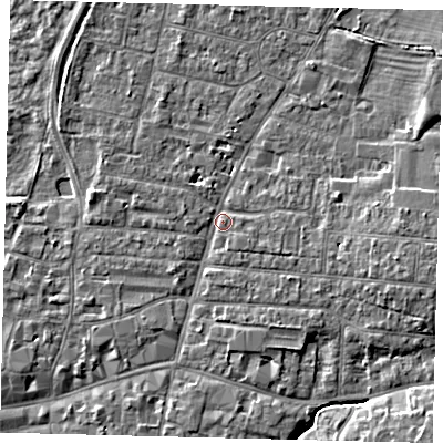 Shaded relief map of the ground around PE191DA, computed from Environment Agency LiDAR. The ground here sits at about 16 m above sea level and falls 5 m across the surrounding 800 m. Surface water reaching this point runs off ground lying to the east-south-east, 3.5 m higher.