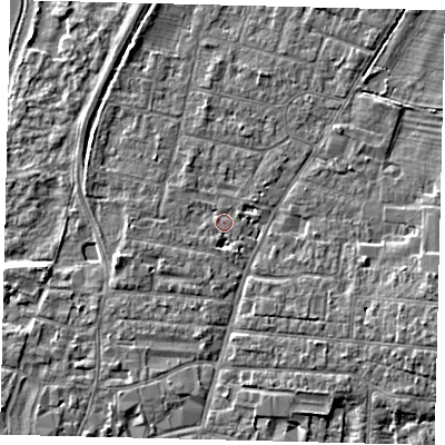 Shaded relief map of the ground around PE191DD, computed from Environment Agency LiDAR. The ground here sits at about 16 m above sea level and falls 5 m across the surrounding 800 m. Surface water reaching this point runs off ground lying to the south, 1.9 m higher.