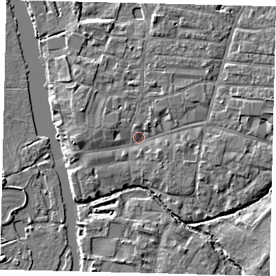 Shaded relief map of the ground around PE191DE, computed from Environment Agency LiDAR. The ground here sits at about 15 m above sea level and falls 5 m across the surrounding 800 m. Surface water reaching this point runs off ground lying to the west, 2.6 m higher.