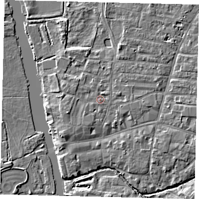 Shaded relief map of the ground around PE191DF, computed from Environment Agency LiDAR. The ground here sits at about 16 m above sea level and falls 4 m across the surrounding 800 m. Surface water reaching this point runs off ground lying to the south-south-west, 1.8 m higher.
