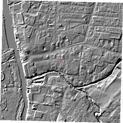 Shaded relief map of the ground around PE191DG, computed from Environment Agency LiDAR. The ground here sits at about 16 m above sea level and falls 5 m across the surrounding 800 m. Surface water reaching this point runs off ground lying to the north-north-east, 1.0 m higher.