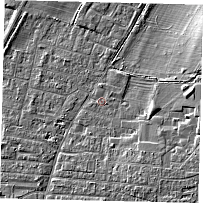 Shaded relief map of the ground around PE191DH, computed from Environment Agency LiDAR. The ground here sits at about 16 m above sea level and falls 6 m across the surrounding 800 m. Surface water reaching this point runs off ground lying to the south-east, 2.9 m higher.
