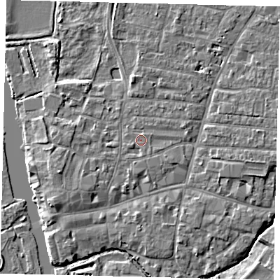 Shaded relief map of the ground around PE191DJ, computed from Environment Agency LiDAR. The ground here sits at about 16 m above sea level and falls 4 m across the surrounding 800 m. Surface water reaching this point runs off ground lying to the east-north-east, 1.0 m higher.
