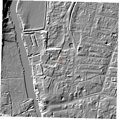 Shaded relief map of the ground around PE191DL, computed from Environment Agency LiDAR. The ground here sits at about 16 m above sea level and falls 9 m across the surrounding 800 m. Surface water reaching this point runs off ground lying to the south-south-west, 2.8 m higher.