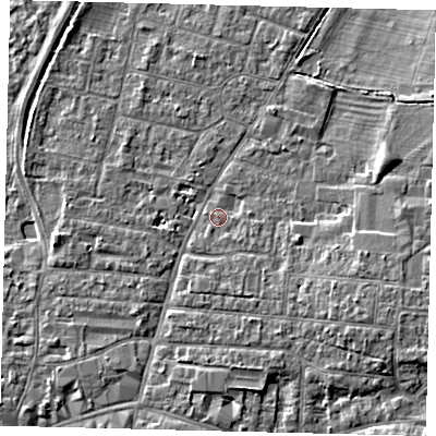 Shaded relief map of the ground around PE191DN, computed from Environment Agency LiDAR. The ground here sits at about 16 m above sea level and falls 5 m across the surrounding 800 m. Surface water reaching this point runs off ground lying to the south-east, 1.2 m higher.