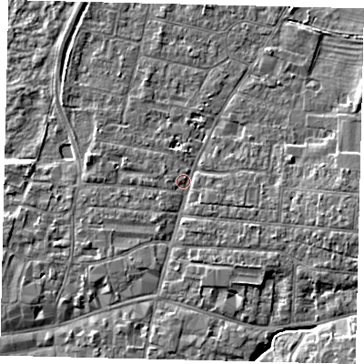 Shaded relief map of the ground around PE191DP, computed from Environment Agency LiDAR. The ground here sits at about 16 m above sea level and falls 5 m across the surrounding 800 m. Surface water reaching this point runs off ground lying to the east-south-east, 3.5 m higher.