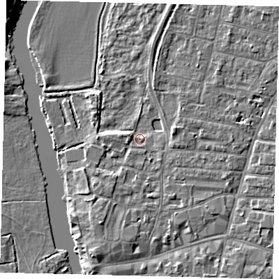 Shaded relief map of the ground around PE191DR, computed from Environment Agency LiDAR. The ground here sits at about 15 m above sea level and falls 7 m across the surrounding 800 m. Surface water reaching this point runs off ground lying to the south-south-west, 3.4 m higher.