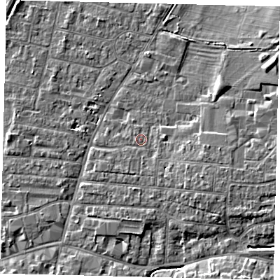 Shaded relief map of the ground around PE191DS, computed from Environment Agency LiDAR. The ground here sits at about 16 m above sea level and falls 6 m across the surrounding 800 m. Surface water reaching this point runs off ground lying to the east-south-east, 2.7 m higher.