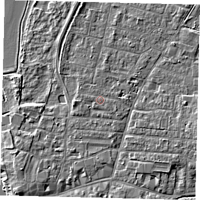 Shaded relief map of the ground around PE191DT, computed from Environment Agency LiDAR. The ground here sits at about 16 m above sea level and falls 4 m across the surrounding 800 m. The ground contributing surface water to this point lies to the east-south-east.