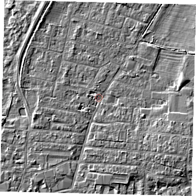 Shaded relief map of the ground around PE191DU, computed from Environment Agency LiDAR. The ground here sits at about 15 m above sea level and falls 5 m across the surrounding 800 m. Surface water reaching this point runs off ground lying to the south-east, 4.0 m higher.