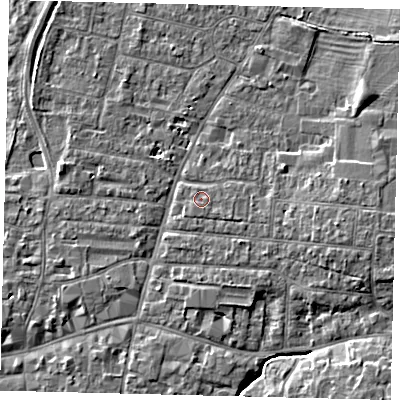 Shaded relief map of the ground around PE191DW, computed from Environment Agency LiDAR. The ground here sits at about 16 m above sea level and falls 5 m across the surrounding 800 m. Surface water reaching this point runs off ground lying to the east-south-east, 1.0 m higher.