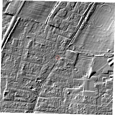 Shaded relief map of the ground around PE191DX, computed from Environment Agency LiDAR. The ground here sits at about 15 m above sea level and falls 6 m across the surrounding 800 m. Surface water reaching this point runs off ground lying to the east-south-east, 1.2 m higher.