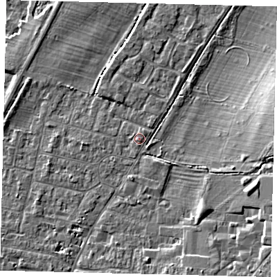 Shaded relief map of the ground around PE191DY, computed from Environment Agency LiDAR. The ground here sits at about 16 m above sea level and falls 6 m across the surrounding 800 m. Surface water reaching this point runs off ground lying to the south-east, 0.7 m higher.