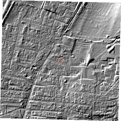 Shaded relief map of the ground around PE191DZ, computed from Environment Agency LiDAR. The ground here sits at about 16 m above sea level and falls 6 m across the surrounding 800 m. Surface water reaching this point runs off ground lying to the south-south-east, 3.2 m higher.