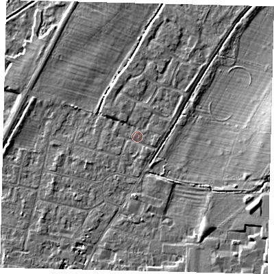 Shaded relief map of the ground around PE191EB, computed from Environment Agency LiDAR. The ground here sits at about 16 m above sea level and falls 7 m across the surrounding 800 m. Surface water reaching this point runs off ground lying to the north-west, 1.0 m higher.