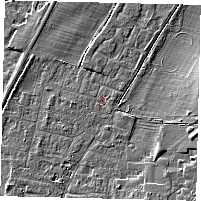 Shaded relief map of the ground around PE191ED, computed from Environment Agency LiDAR. The ground here sits at about 16 m above sea level and falls 7 m across the surrounding 800 m. Surface water reaching this point runs off ground lying to the east, 0.8 m higher.