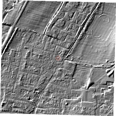 Shaded relief map of the ground around PE191EE, computed from Environment Agency LiDAR. The ground here sits at about 16 m above sea level and falls 6 m across the surrounding 800 m. Surface water reaching this point runs off ground lying to the north-east, 0.8 m higher.