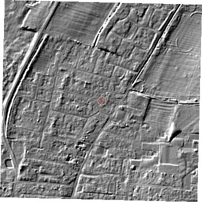 Shaded relief map of the ground around PE191EF, computed from Environment Agency LiDAR. The ground here sits at about 16 m above sea level and falls 5 m across the surrounding 800 m. Surface water reaching this point runs off ground lying to the north-east, 0.8 m higher.