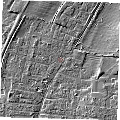 Shaded relief map of the ground around PE191EG, computed from Environment Agency LiDAR. The ground here sits at about 15 m above sea level and falls 5 m across the surrounding 800 m. The ground contributing surface water to this point lies to the north-west.