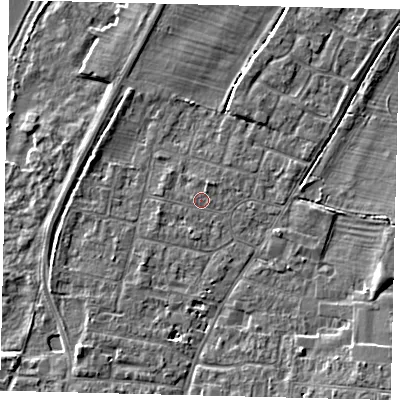 Shaded relief map of the ground around PE191EH, computed from Environment Agency LiDAR. The ground here sits at about 16 m above sea level and falls 5 m across the surrounding 800 m. The ground contributing surface water to this point lies to the north-east.
