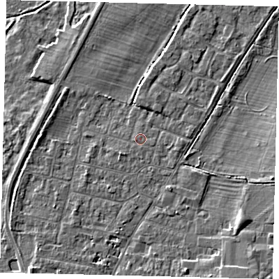 Shaded relief map of the ground around PE191EJ, computed from Environment Agency LiDAR. The ground here sits at about 16 m above sea level and falls 5 m across the surrounding 800 m. Surface water reaching this point runs off ground lying to the south-west, 0.7 m higher.