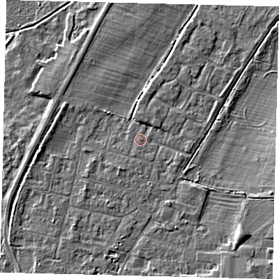 Shaded relief map of the ground around PE191EL, computed from Environment Agency LiDAR. The ground here sits at about 16 m above sea level and falls 5 m across the surrounding 800 m. Surface water reaching this point runs off ground lying to the north-north-east, 1.3 m higher.