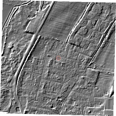 Shaded relief map of the ground around PE191EN, computed from Environment Agency LiDAR. The ground here sits at about 15 m above sea level and falls 5 m across the surrounding 800 m. Surface water reaching this point runs off ground lying to the south-east, 1.1 m higher.