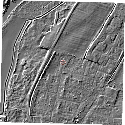 Shaded relief map of the ground around PE191EP, computed from Environment Agency LiDAR. The ground here sits at about 15 m above sea level and falls 3 m across the surrounding 800 m. Surface water reaching this point runs off ground lying to the south-east, 1.4 m higher.