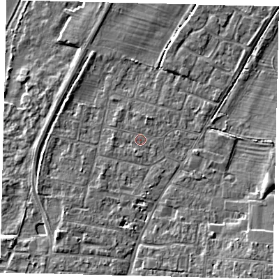 Shaded relief map of the ground around PE191EQ, computed from Environment Agency LiDAR. The ground here sits at about 16 m above sea level and falls 5 m across the surrounding 800 m. The ground contributing surface water to this point lies to the east-south-east.