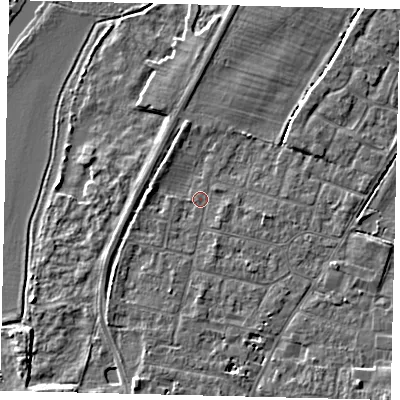 Shaded relief map of the ground around PE191ER, computed from Environment Agency LiDAR. The ground here sits at about 15 m above sea level and falls 4 m across the surrounding 800 m. Surface water reaching this point runs off ground lying to the east-south-east, 1.9 m higher.