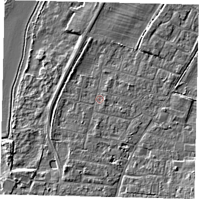 Shaded relief map of the ground around PE191ES, computed from Environment Agency LiDAR. The ground here sits at about 15 m above sea level and falls 5 m across the surrounding 800 m. Surface water reaching this point runs off ground lying to the south-south-east, 1.9 m higher.